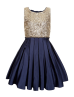 Gold Sequin Navy Blue Pleated Satin Keyhole Back Flower Girl Dress